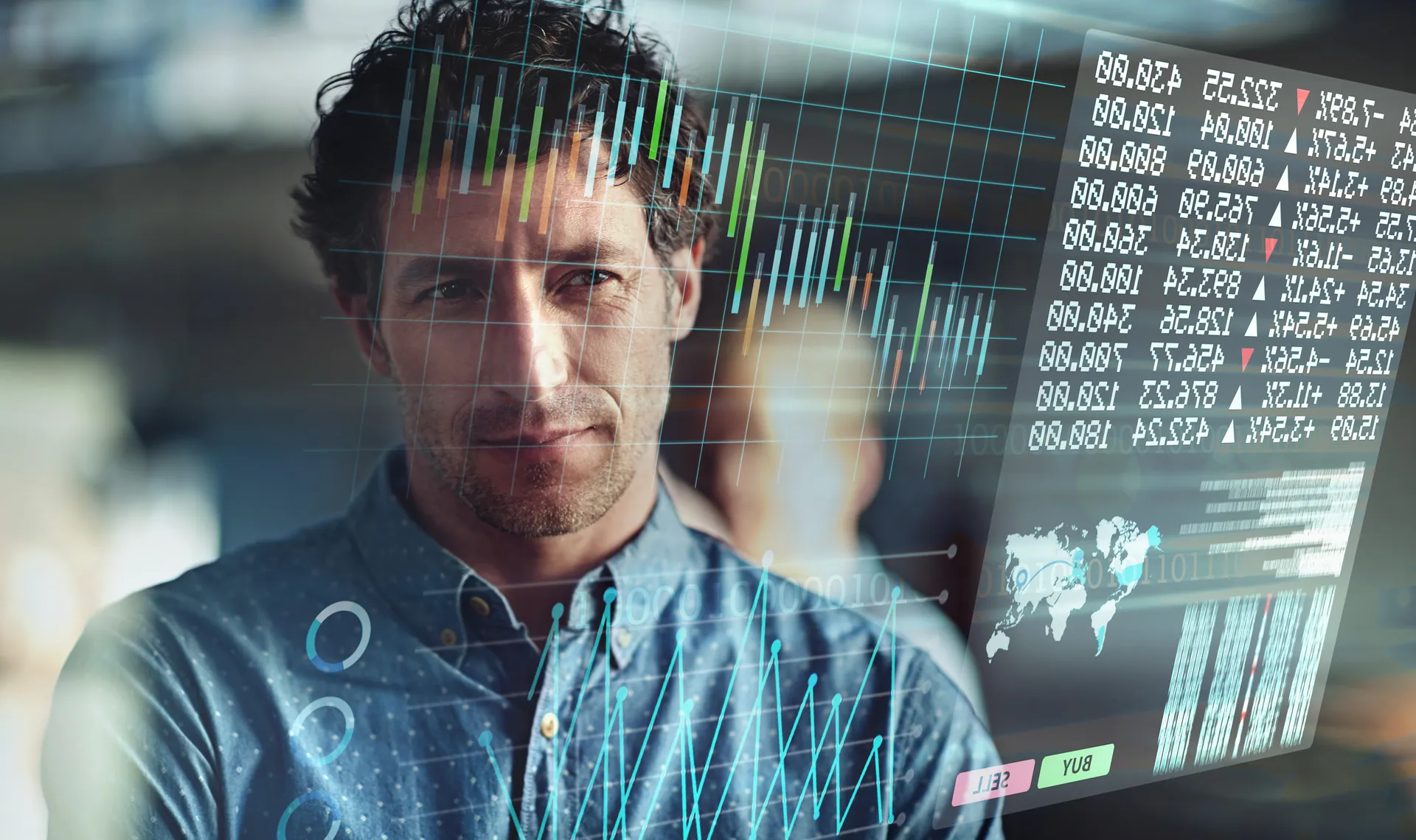 Investor reviewing stock market data and price charts on a transparent trading screen